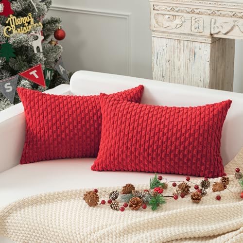 Kevin Textile Soft Corduroy 12"x20" Lumbar Pillow Covers 2 Pack, Red