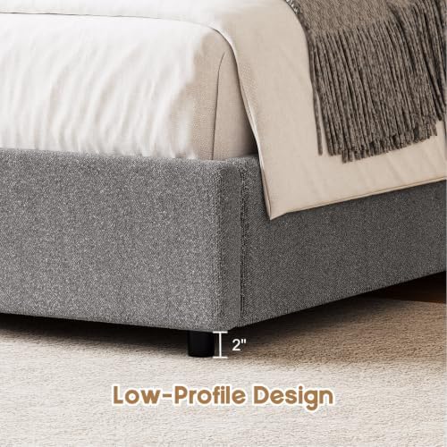 REVOMINCA King Size Bed Frame, Upholstered Platform Bed with Headboard, Boucle Bed Frame with Round Corner, No Box Spring Required, Easy Assembly, Grey