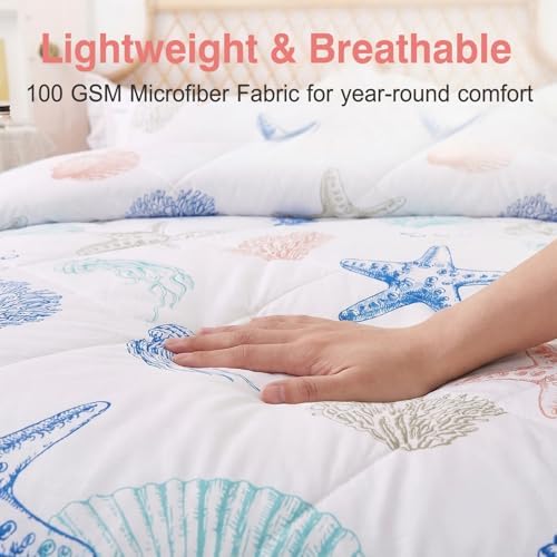 JSD Beach Theme Kids Comforter Set Twin Size, Jellyfish Starfish Shell Pattern