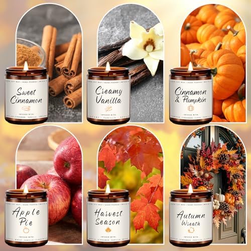 Auelife Fall Candles, 6 Pack Scented Candle Set, 42 oz Holiday Soy Candles, Candle Gifts Set for Men and Women, Home Decor of Wreath/Apple/Latte/Harvest/Vanilla/Cinnamon