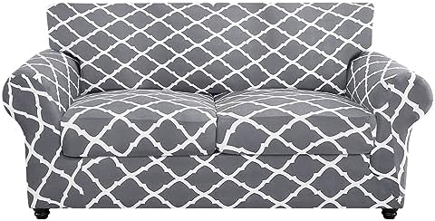 SearchI Stretch Sofa Cover Printed Couch Cover, Floral Pattern 3 Pieces Loveseat Slipcover with 2 Separate Cushion Cover, Washable Furniture Protector for Living Room(Loveseat, Gray+White)