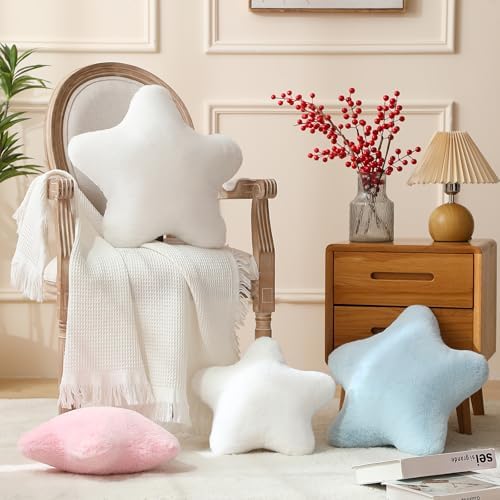 YRXRUS Star Pillows, Christmas Pillows, White Star Shaped Pillow, Gifts, Cute Plush Throw Pillow Room Decor, Fluffy Faux Rabbit Fur 18"x18", Living Bedroom