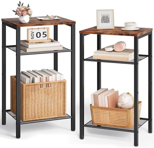 Hoctieon 2-Set 3 Tier End Table, Telephone Table Set of 2, Tall Side Table with Storage Set of 2, Small Nightstand for Small Spaces, Metal Frame, for Living Room, Bedroom, Sofa Couch, Rustic Brown
