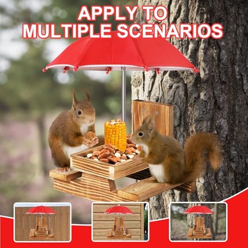 Gnodary Squirrel Feeder with Umbrella, Squirrel Feeders for Outside, Squirrel Picnic Table Feeder - Chipmunk Feeder Hold Corn, Corn Cob, Peanuts Style2 (Red)