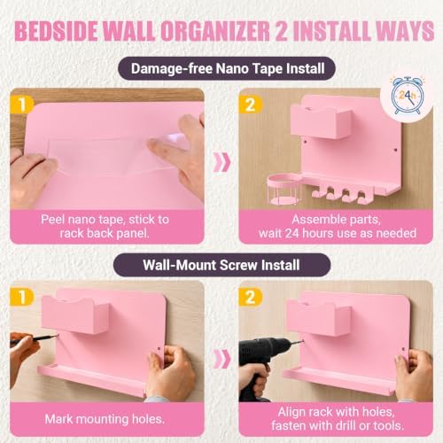 Floating Bedside Wall Shelf, Metal Wall Organizer with Detachable Cup Holde