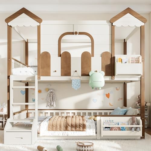 Full Over Full Size House-Shaped Wooden Bunk Bed Frame with Storage Bookshelf & Drawer & Roof & Windows, Detachable Design Bunk Bed, No Box Spring Required, Easy Assembly, for Bedroom, Beige
