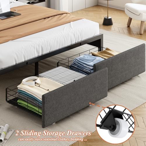 Full Size Bed Frames with Storage Headboard and 2 Drawers, Upholstered Button Linen Platform Bed Frame Full with Led Lights and Charging Station, No Box Spring Needed, Easy Assembly, Noise Free, Gray