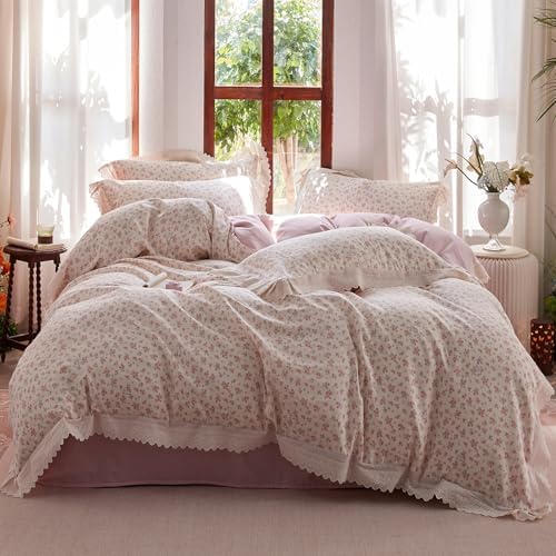 HighBuy Muslin Duvet Cover Queen Vintage Pink Floral Ruffle Lace Coquette Bedding Set French Gauze Textured Soft Breathable Farmhouse Bedding with Zipper Closure & 4 Corner Ties