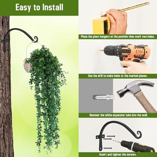 FEED GARDEN Heavy Duty Plant Hooks - 2 Pack 12 Inch Wall Mounted Hanging Brackets, 57lb Capacity Steel Plant Hangers for Bird Feeders, Baskets, Wind Chimes Outdoor Indoor- Black