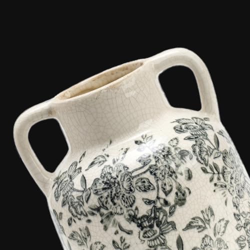 Ceramic Vase with Handles, Vintage Utensil Holder, Flower Decorative Vase Chinoiserie Decor Rustic Farmhouse Retro Floral Vases for Table Bookshelf Mantel Kitchen Living Room Office - 6.7” Gray 017