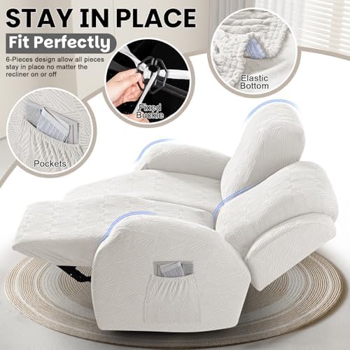 VANSOFY Stretch Recliner Loveseat Cover, 6-Pieces Slipcover, 2 Seat,Porcelain White