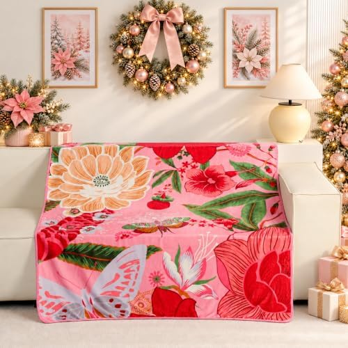 Tyrot Pink Boho Floral Christmas Flannel Fleece Throw Blanket – Soft, Warm & Lightweight Fuzzy Blanket for Couch, Bed, or Sofa Decor, Cute Botanical Design for Women & Girls, 50''x60''