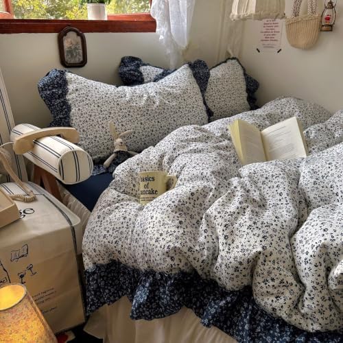 Vintage Floral Duvet Cover Twin Size 3 Pcs,Ruffled Bedding 68"×86"