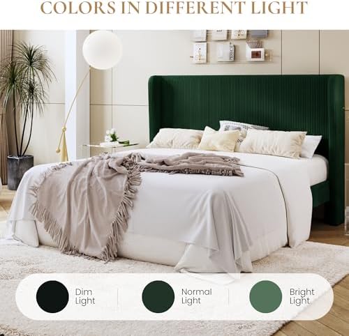 SHA CERLIN King Corduroy Platform Bed with Tufted Wingback Headboard, Green