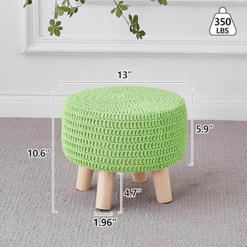 13" Round Handmade Cotton Knitted Boho Small Ottoman with Non-Skid Wood Leg