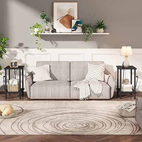 HOOBRO Side Table with Charging Station, End Table with USB Port and Outlets, Nightstand with 2-Layer Storage Shelves for Small Spaces, Living Room, Bedroom, Black BK09UBZ01