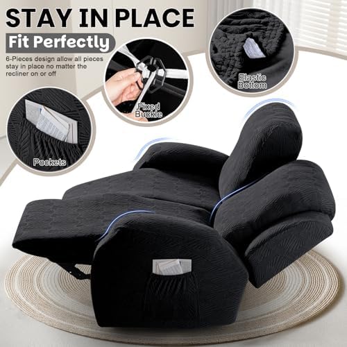 VANSOFY Stretch Recliner Loveseat Cover, 6-Pieces Slipcover, 2 Seat,Black