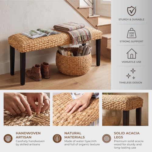 Solid Wood Acacia Indoor Bench, Water Hyacinth Seat, Black Leg, Plait Style