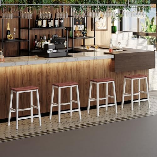 HOOBRO Bar Stools, Set of 2 Bar Chairs, 23.6 Inch Saddle Stools, Kitchen Counter Seat with Footrests, Industrial Barstools for Dining Room, Kitchen, Counter, Bar, Walnut and White HW02MD01