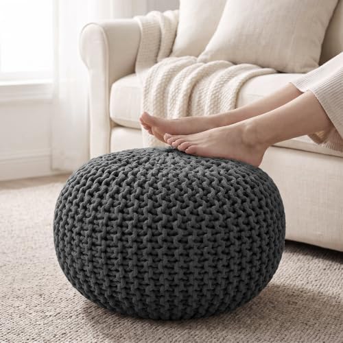 · REDEARTH · Round Ottoman - Hand Knitted Boho Poof Footrest - Dark Gray