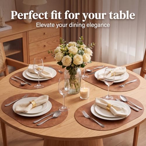 Oval Placemats Set of 8, Wipeable Faux Leather, Light Brown