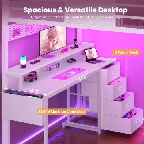 Full Size Loft Bed with 55.5" Desk and Storage Stairs, White