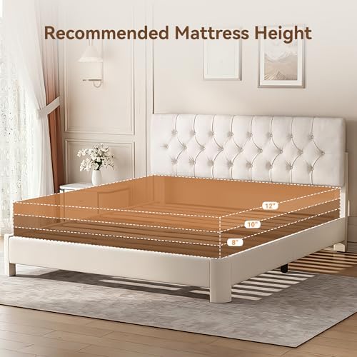 King Size Bed Frame with Headboard, Luxury Velvet Fabric Upholstered Bed frame with Button Tufted Design, Strong Wooden Slats Support - Low & Sturdy, Noise-Free, No Box Spring, Easy Assembly, Cream