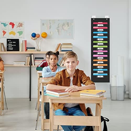 12 Pockets File Storage Pocket Chart with 12 Nametag Pockets,Hanging Wall File Organizer for Classroom and Office, Organize Your Assignments, Files, Scrapbooks, Paper (Black) (Pack of 2)