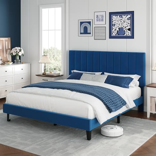 Garvee Queen Size Platform Bed Frame with Upholstered Headboard, Blue