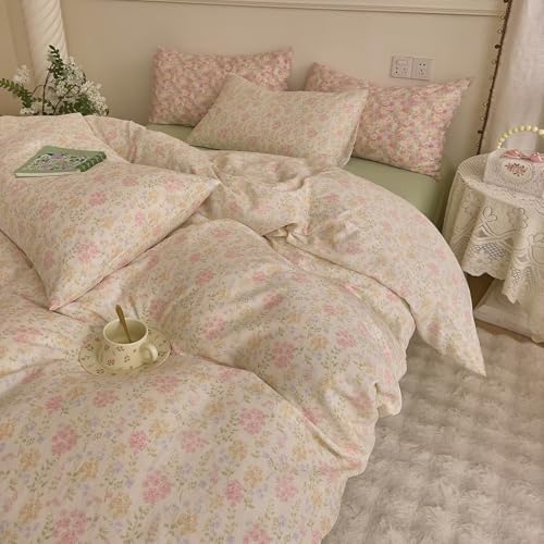 Double Muslin Floral Duvet Cover Queen Size 3 Pcs(1 Duvet Cover with 2 Pillowcases),100% Cotton Soft Comfy Gauze Bedding Set for Women Girls,Breathable Quilt Covers 90"×90"