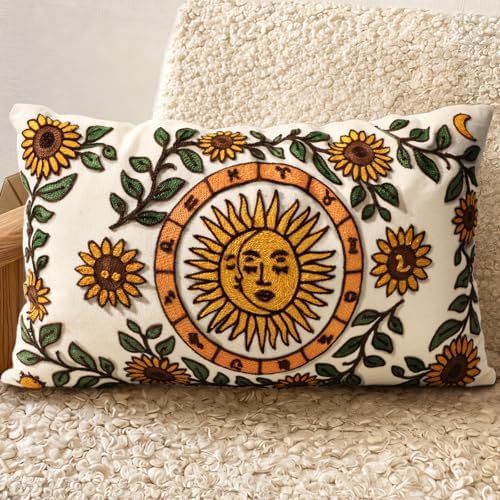 Embroidered Lumbar Pillow Cover 20x12 Inch, Sunflower Moon