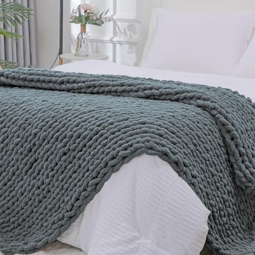 Bigacogo Chunky Knit Throw Blanket for Couch, 51x63 inches, Iron Gray