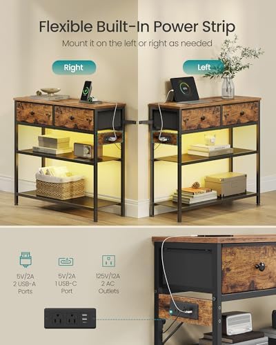 SONGMICS Console Table with Power Outlets and LED Lights, 2 Fabric Drawers