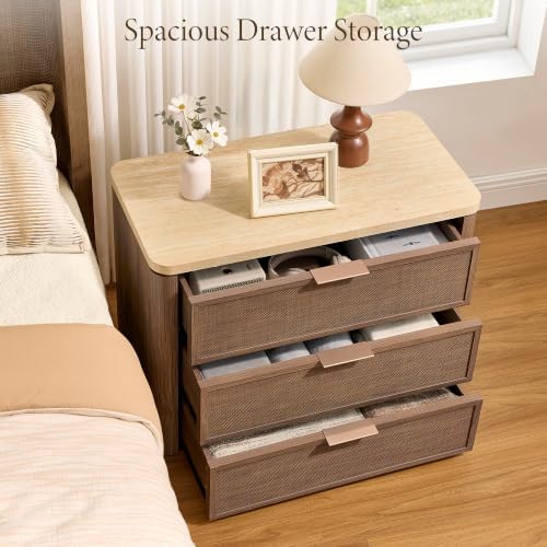 Night Stand, Rattan Nightstand with 3 Drawers