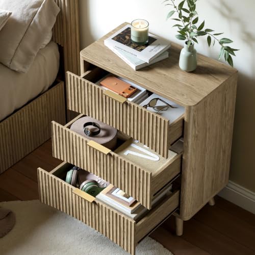 Evermagin Queen Bedroom Set, Storage Bed Frame & 3-Drawer Nightstands, Oak