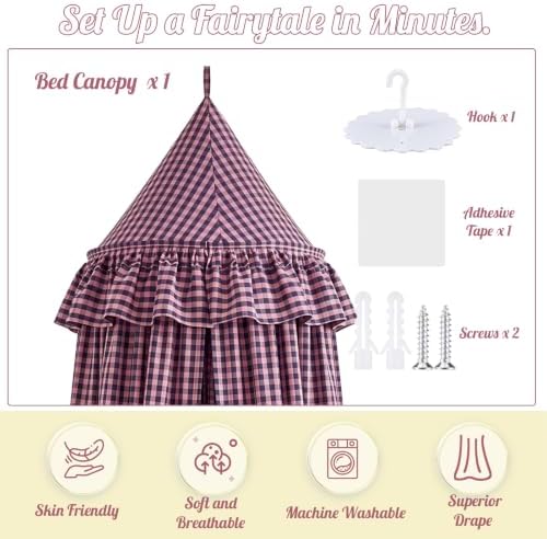 SmoothNovelty Gingham Plaid Bed Canopy, Pink Black, Round