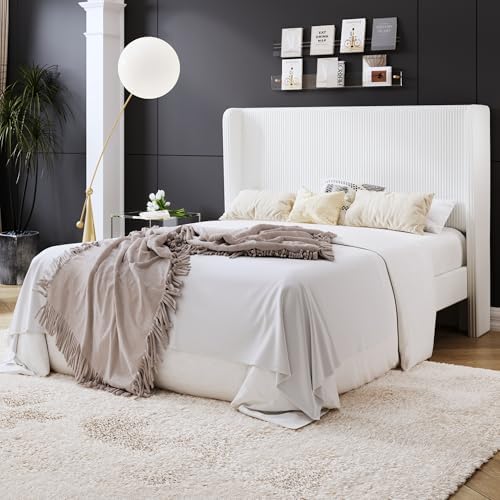 SHA CERLIN Full Corduroy Platform Bed with Tufted Wingback Headboard, White