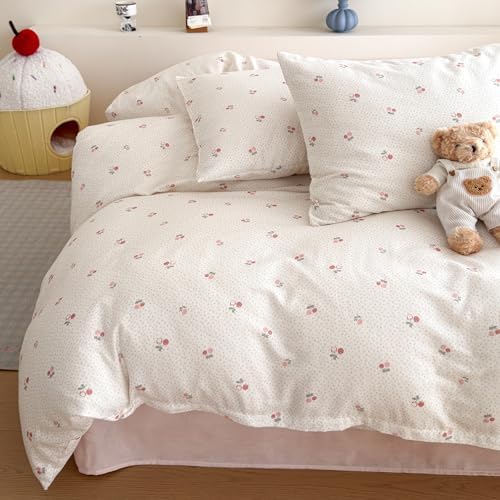 Girls Women Cherry Duvet Cover Set King Size Exquisite Floral Print Bedding Set 3 Pieces (1 Comforter Cover+2 Pillowcases), Soft Breathable 100% Cotton Double Gauze Bedding Duvet Cover for Kids Adults