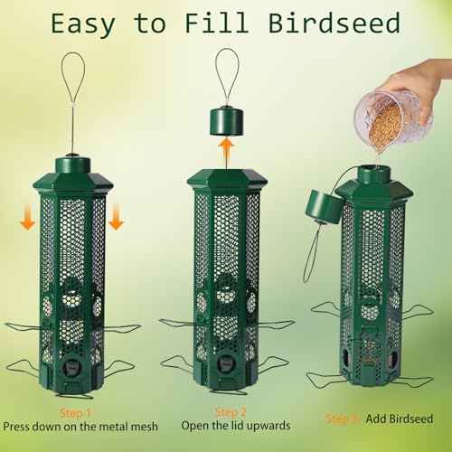 Squirrel Proof Bird Feeders with Removable Base, Metal Wild Bird Feeder for Outdoors Hanging, 6 Weight-Activated Ports Perches, 3LB Seed Capacity(Green)