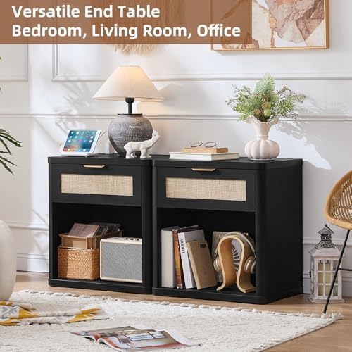 LEYAOYAO Rattan 23" Nightstands Set of 2 with Charger for Bedroom