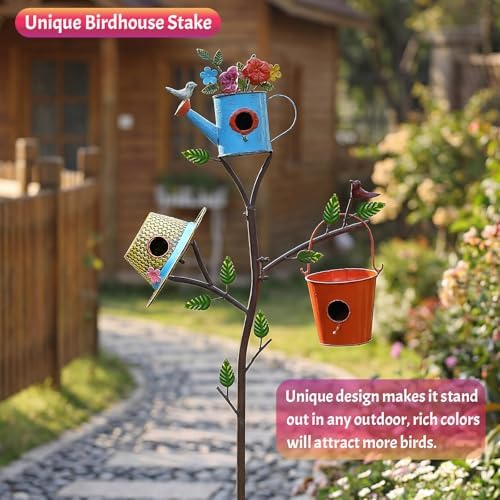 3-in-1 Metal Bird Houses for Outside with Pole, Colorful Birdhouse on Stake