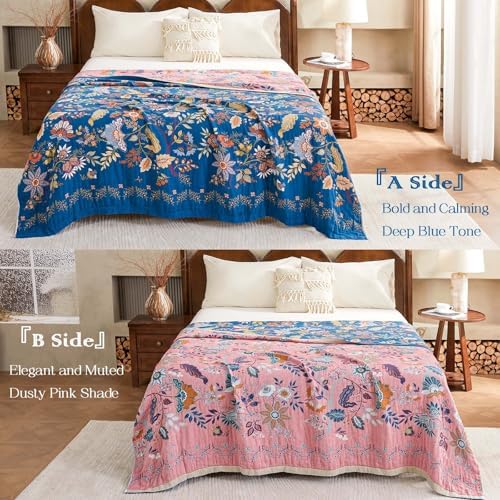 XIBLC Fall Throw Blanket for Couch, Blue Boho Decorative Throw Blanket, 100% Cotton Muslin Breathable Woven Farmhouse Blankets Quilt, 90"x98" Reversible Lightweight Blankets Bohemian Throw Quilt
