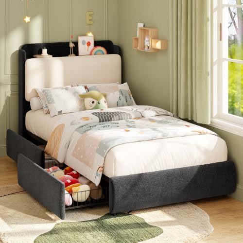 Garvee Twin Size Bed Frame with Shelf & Drawers for Kids- Black & Beige