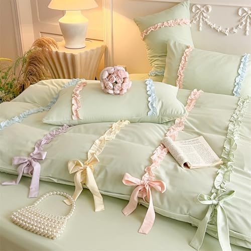 Colorful Striped Ruffled Bedding with Cute Bow,Chic Ruffle Romantic Queen Duvet, Coquette Aesthetic Style 3 piece Duvet Cover Set-1Queen Duvet Cover with 2 Pillowcases, No Comforter