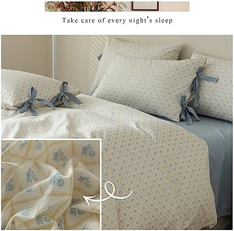 mixinni Blue Floral Duvet Cover Twin Size- 3 Piece Cottagecore Bedding Set with Bow Ties & Zipper Closure, 100% Cotton Soft Aesthetic Comforter Cover for Girls, Lightweight Breathable Country Style