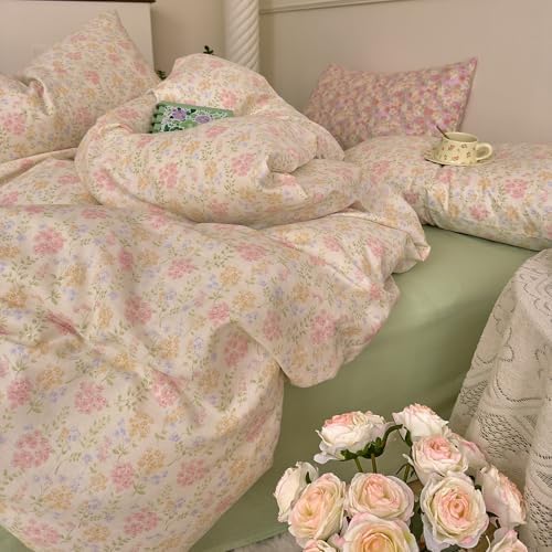 Pink Floral Duvet Cover Set Muslin Cotton Queen(90"x90"),Pink/Yellow