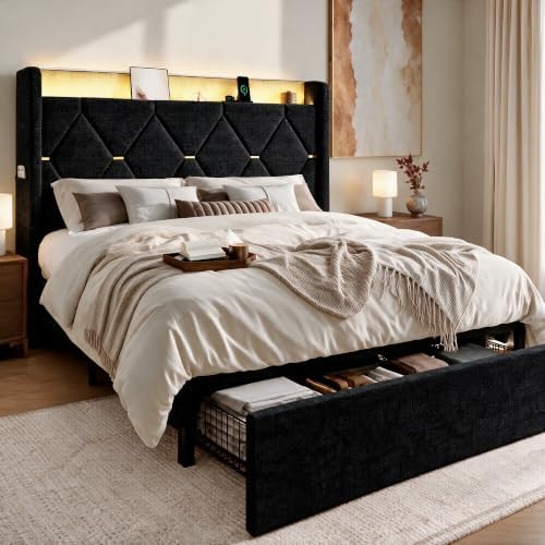 SHA CERLIN Queen Size Bed Frame with Storage Drawer & LED Lights, Black