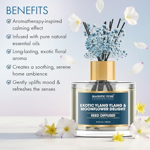 Majestic Pure Ylang Ylang & Moonflower Reed Diffuser 3.4 Fl Oz | Long-Lasting Floral Fragrance for Home and Office