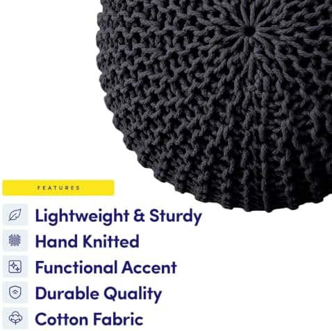Pouf Ottoman Foot Rest Stuffed – 20” Diameter x 14” Tall Cozy Floor Pouf for Living Room, Bedroom, Nursery & More – 100% Cotton Knit Shell, EPS Bead Filled Footrest & Accent Chair, Black
