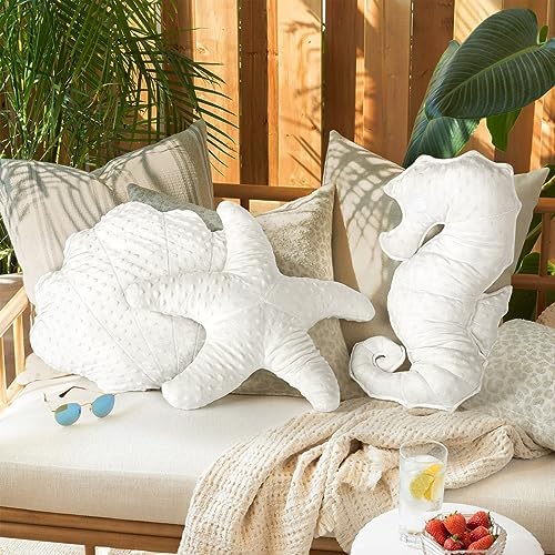 AELS Coastal Throw Pillows Set of 3, Starfish Shell Seahorse Pillows, Beach Ocean Nautical Themed Smooth Soft Minky Decorative Throw Pillows, Cute Pillow for Couch Sofa Bed Living Room Bedroom, White
